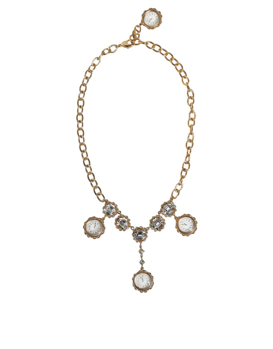 Collar llamativo con reloj de cristal de latón y cadena de oro
