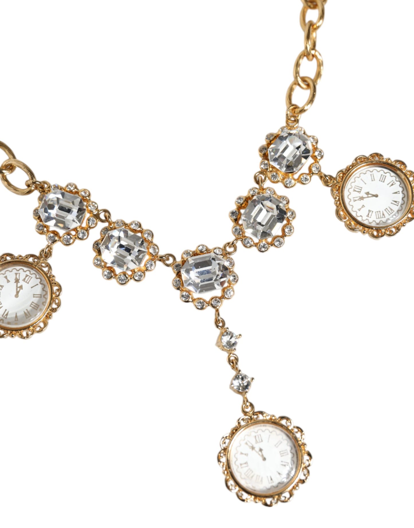 Collar llamativo con reloj de cristal de latón y cadena de oro