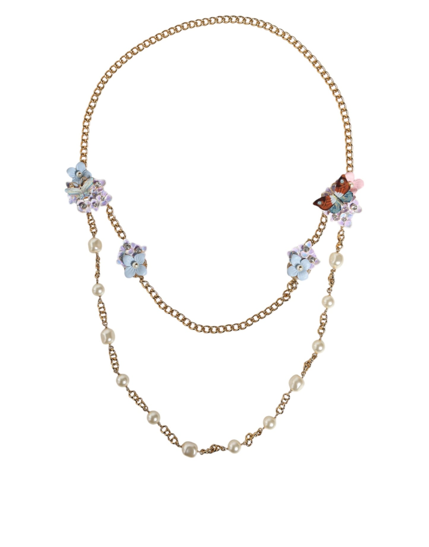Collar de perlas de cristal en capas con diseño floral de latón y cadena dorada
