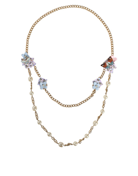Collar de perlas de cristal en capas con diseño floral de latón y cadena dorada