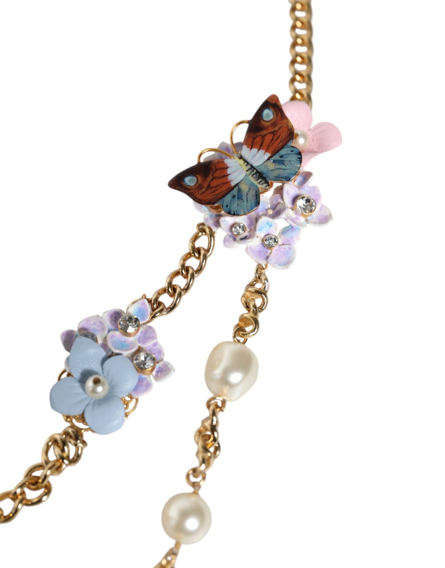 Collar de perlas de cristal en capas con diseño floral de latón y cadena dorada