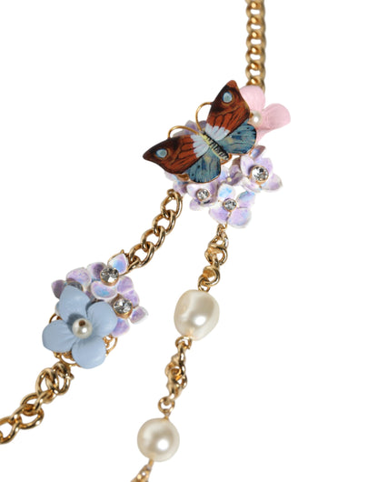 Collar de perlas de cristal en capas con diseño floral de latón y cadena dorada