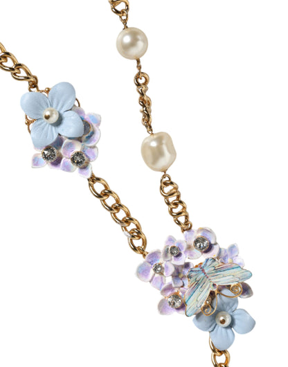 Collar de perlas de cristal en capas con diseño floral de latón y cadena dorada
