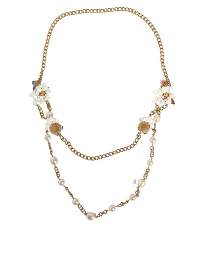 Collar de perlas de cristal en capas con diseño floral de latón y cadena dorada