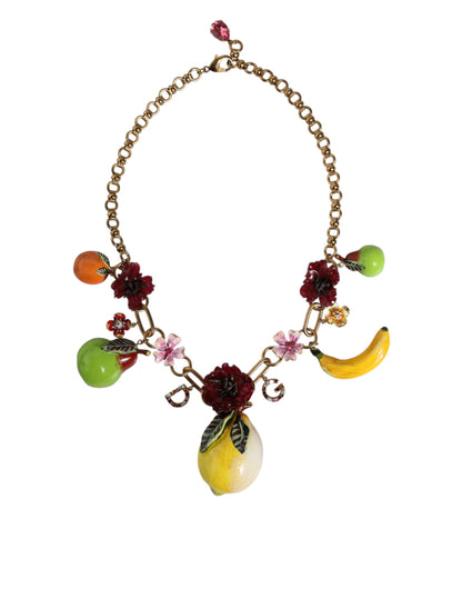 Collar con colgante de fruta de latón dorado con logotipo de flores y cristales