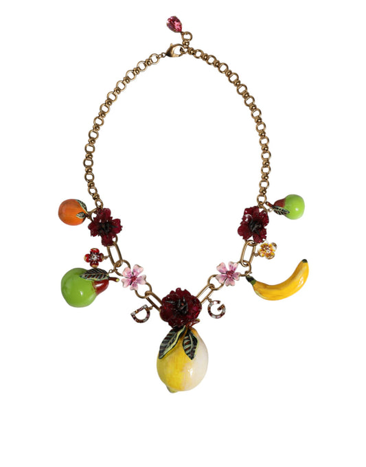 Collar con colgante de fruta de latón dorado con logotipo de flores y cristales