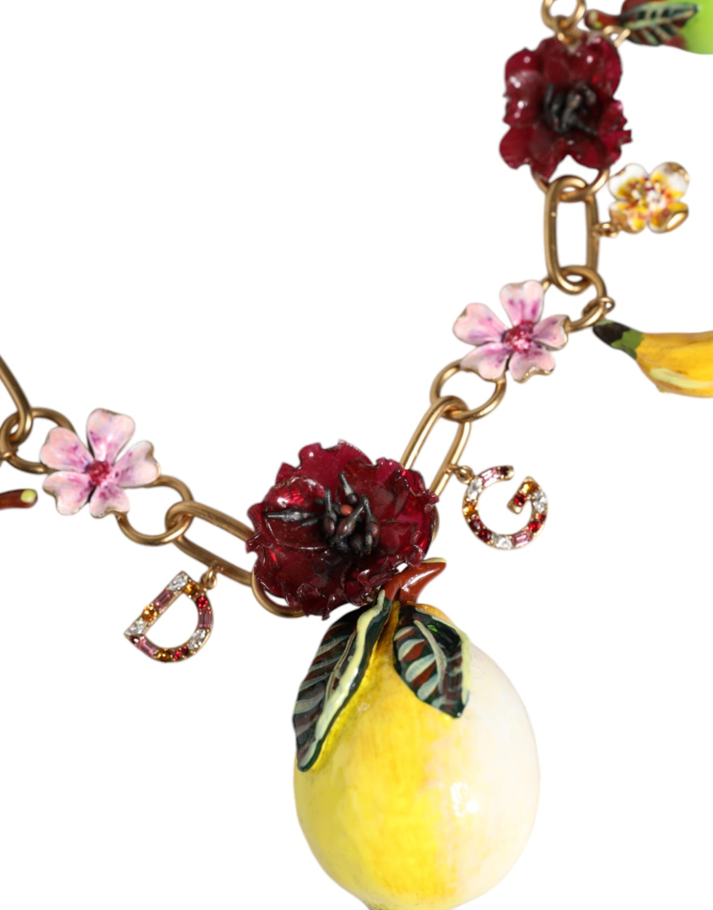 Collar con colgante de fruta de latón dorado con logotipo de flores y cristales