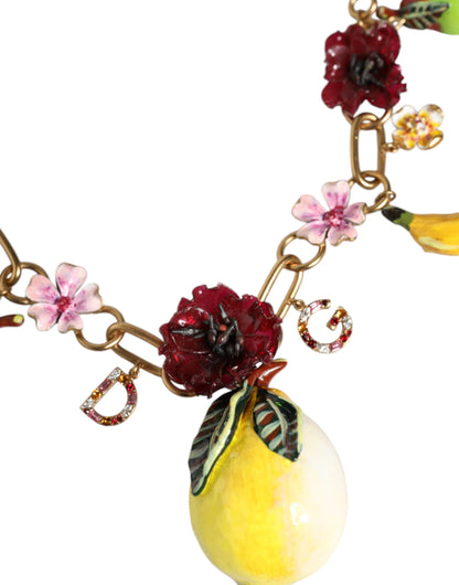 Collar con colgante de fruta de latón dorado con logotipo de flores y cristales