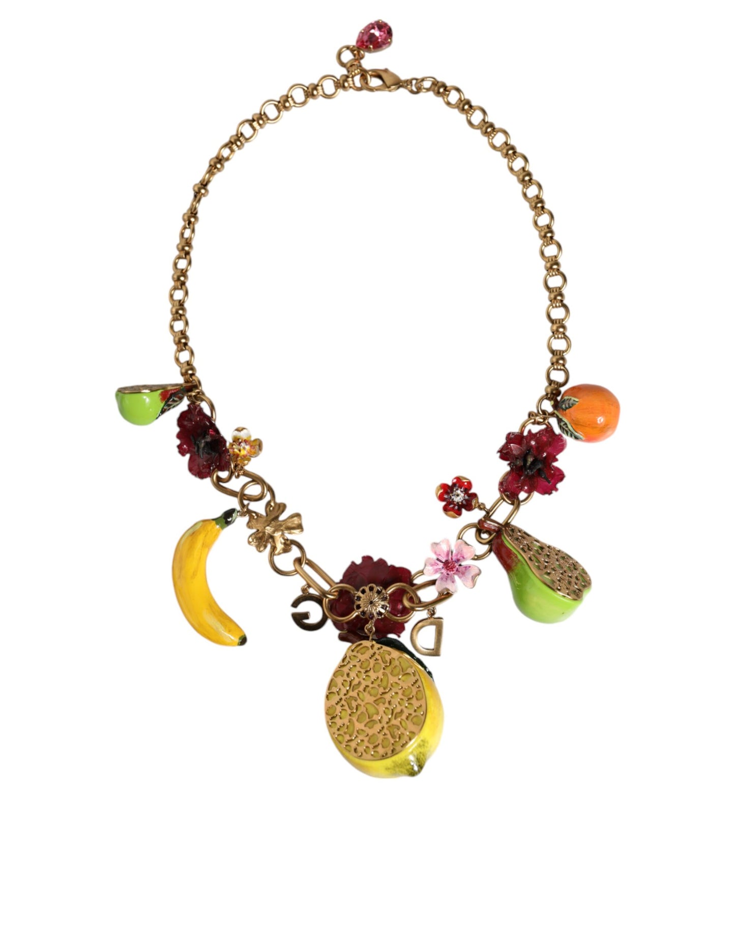 Collar con colgante de fruta de latón dorado con logotipo de flores y cristales