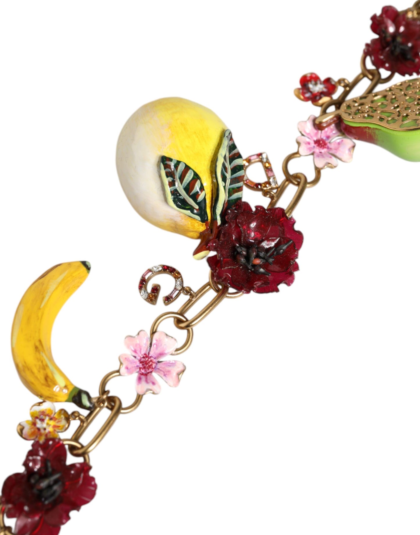 Collar con colgante de fruta de latón dorado con logotipo de flores y cristales