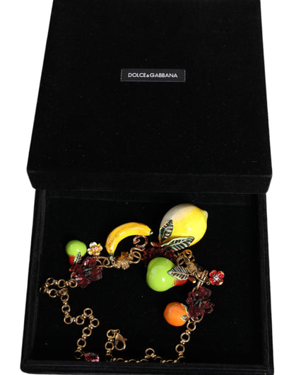 Collar con colgante de fruta de latón dorado con logotipo de flores y cristales