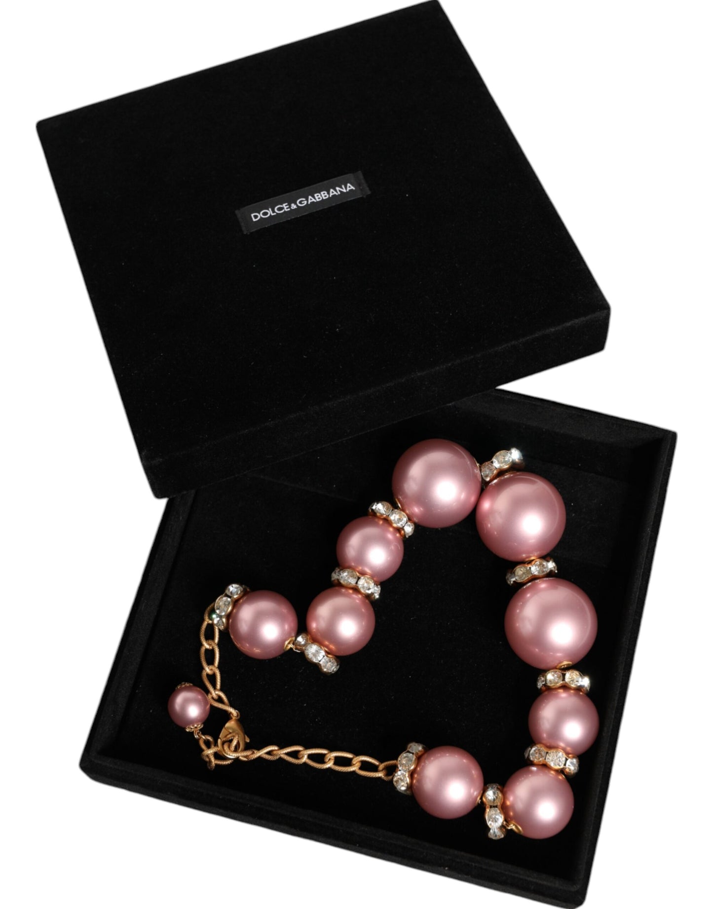 Collar maxi rosa con perlas de imitación y cristales, cadena dorada