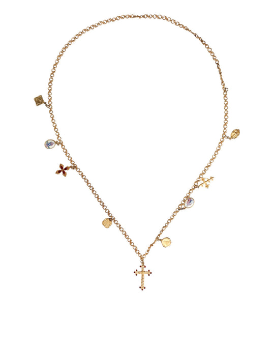 Collar con colgante de cruz religiosa con cadena de latón en tono dorado