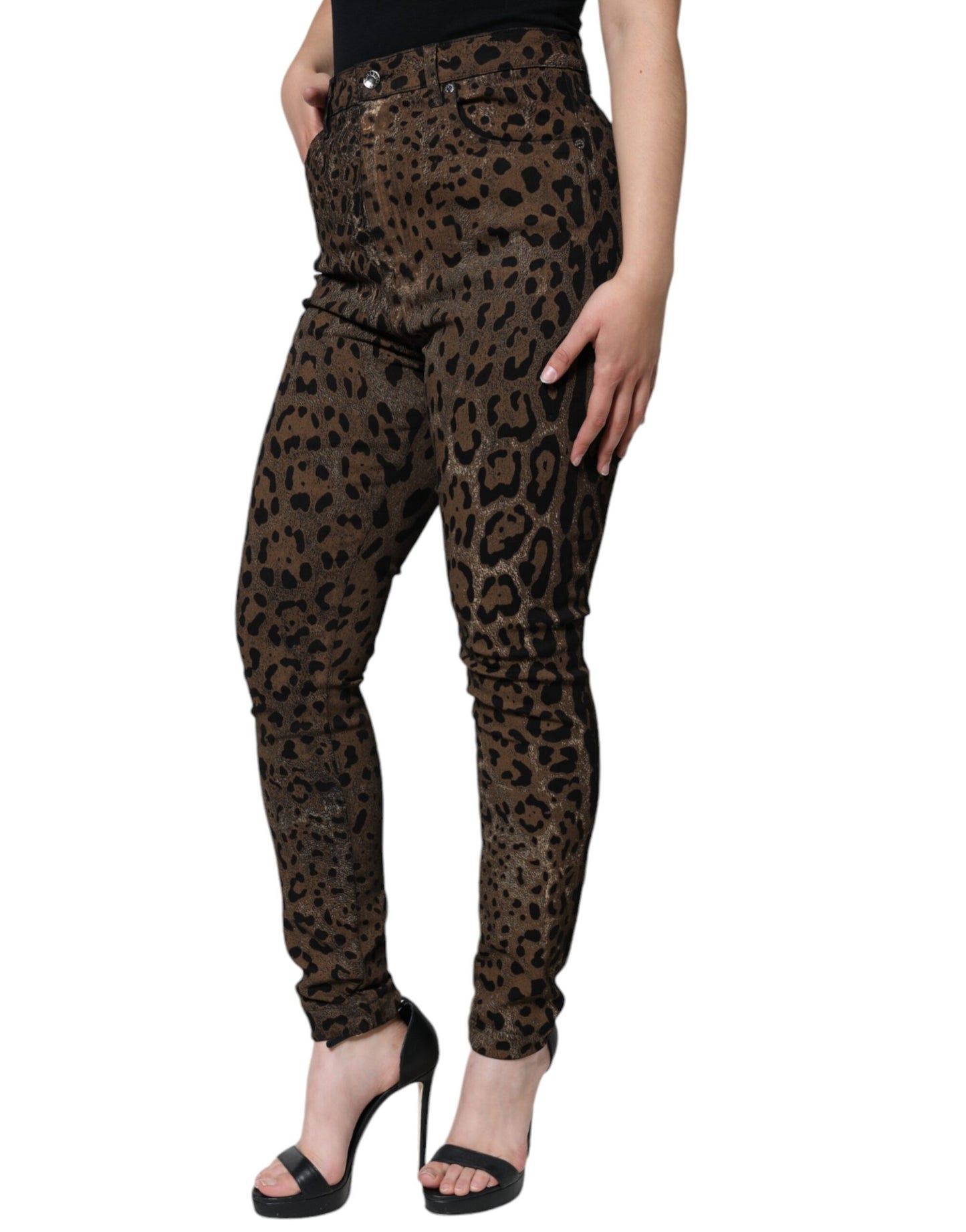 Vaqueros ajustados de algodón con estampado de leopardo marrón