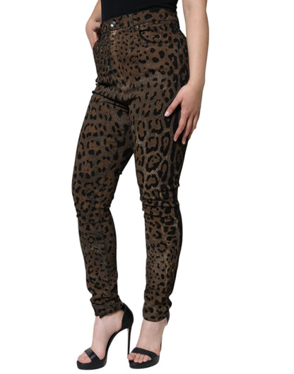 Vaqueros ajustados de algodón con estampado de leopardo marrón