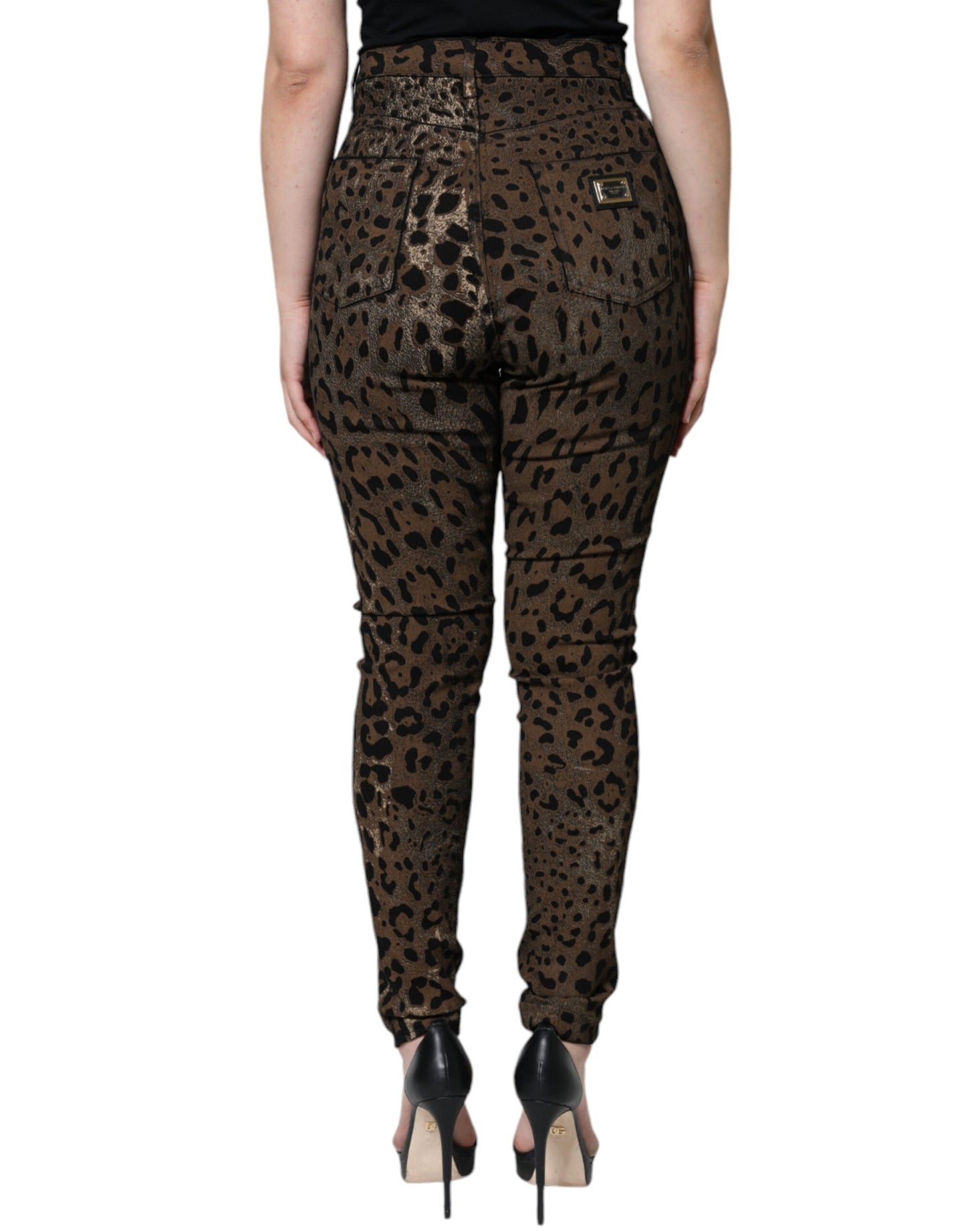 Vaqueros ajustados de algodón con estampado de leopardo marrón