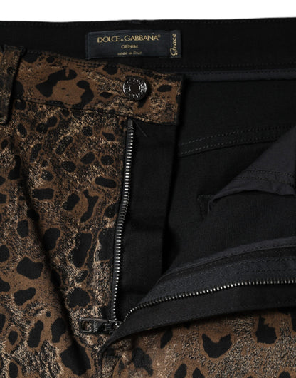 Vaqueros ajustados de algodón con estampado de leopardo marrón