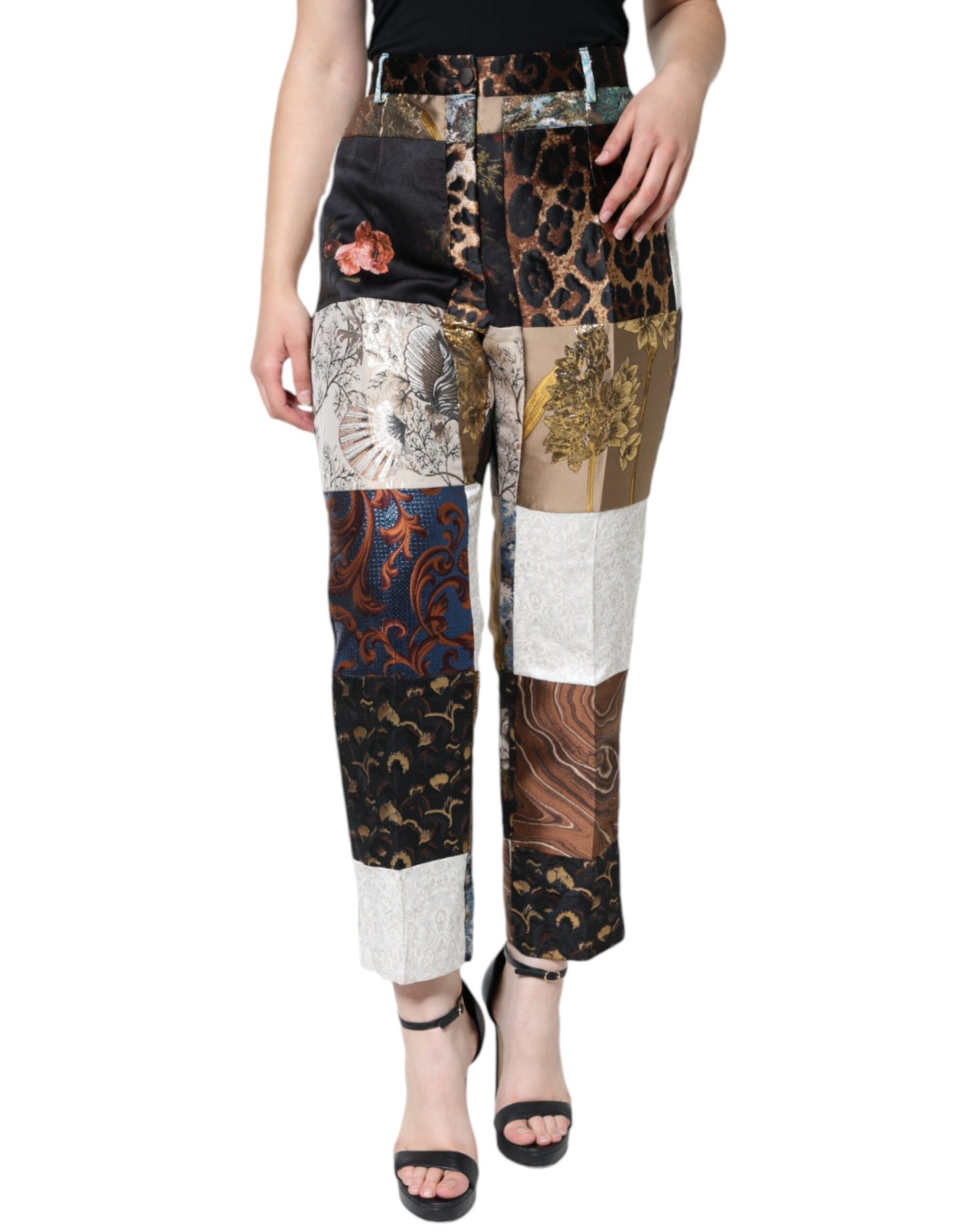 Pantalones de cintura alta con patchwork jacquard multicolor