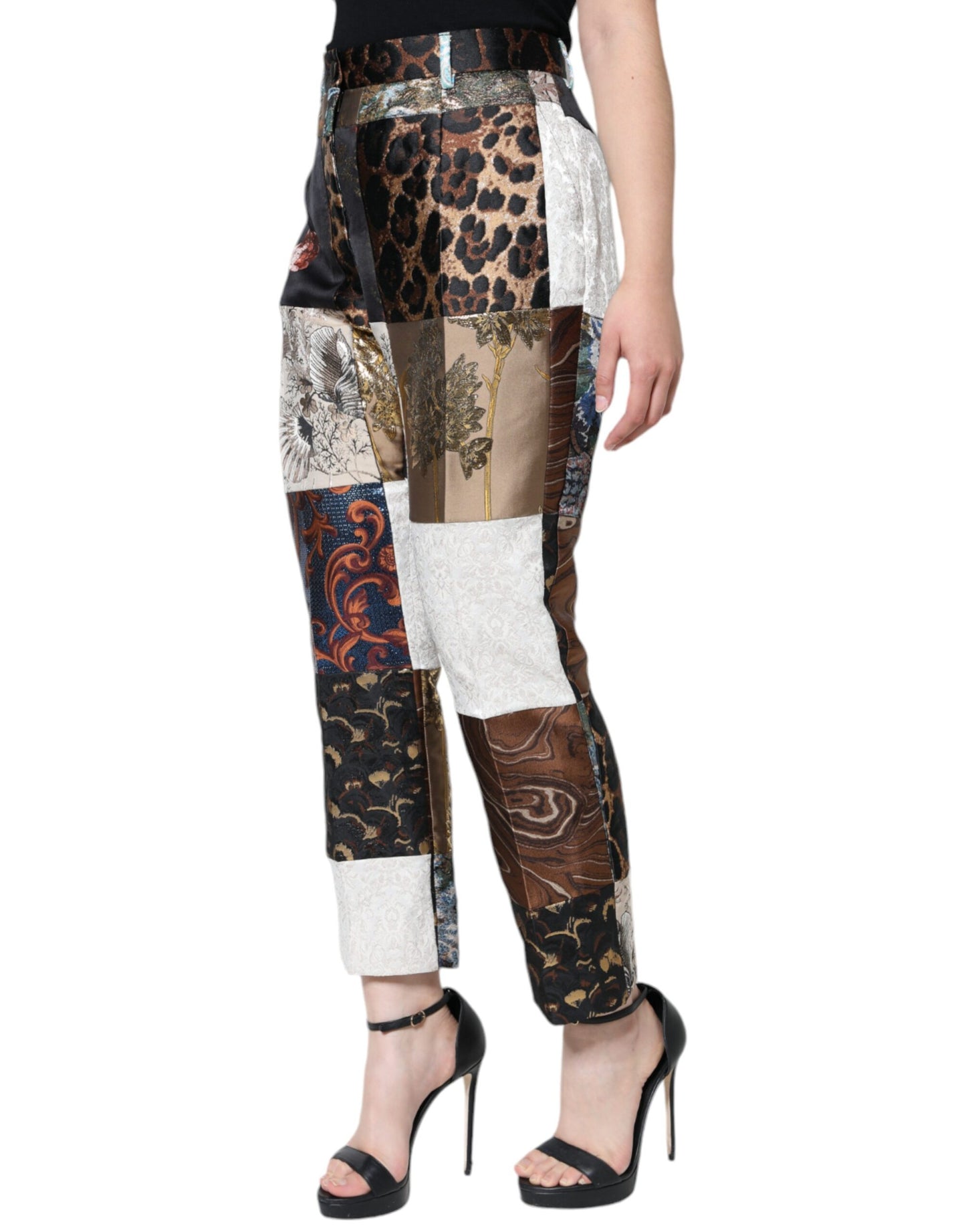 Pantalones de cintura alta con patchwork jacquard multicolor