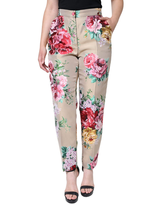 Pantalones cónicos de cintura alta con estampado floral en jacquard beige