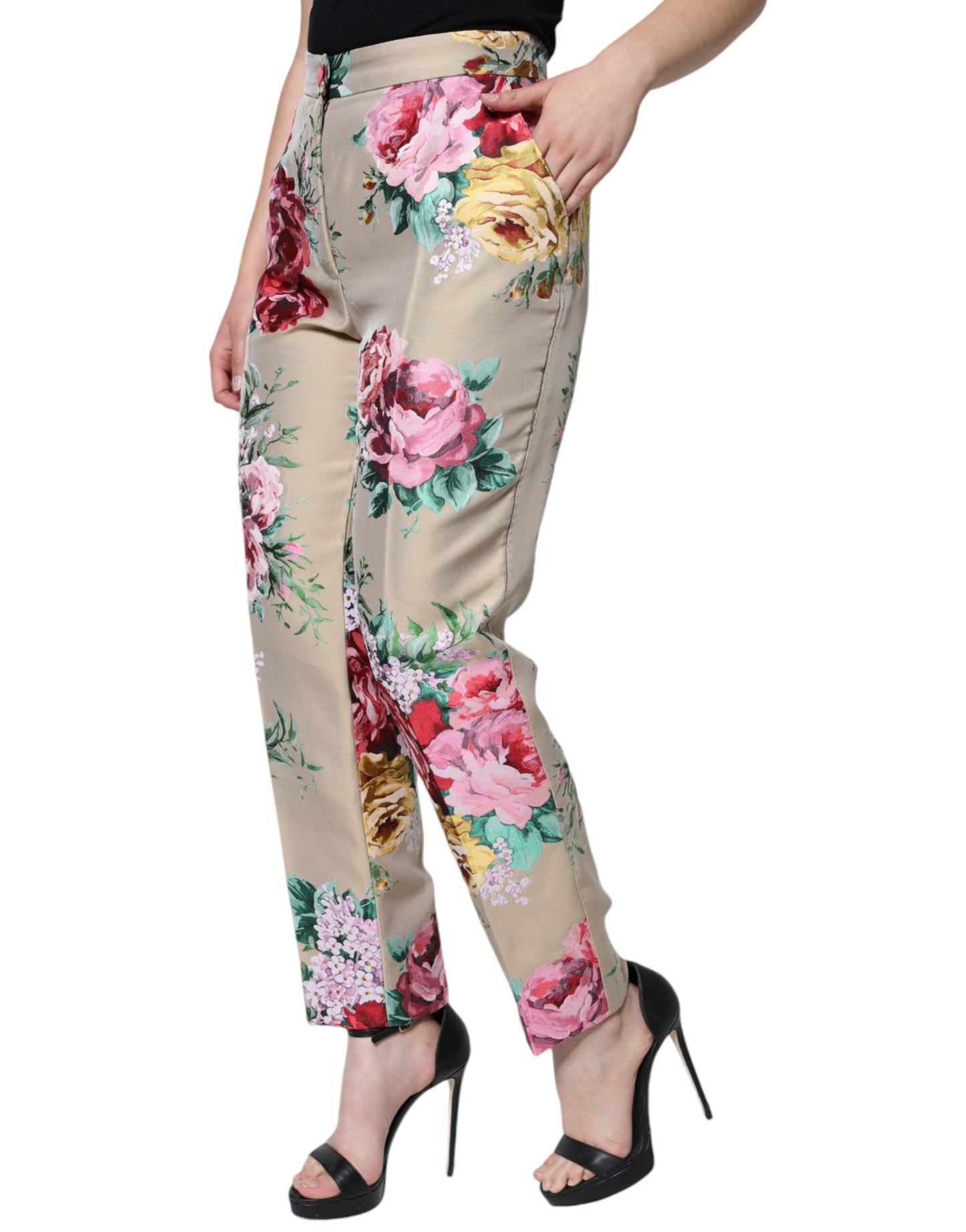 Pantalones cónicos de cintura alta con estampado floral en jacquard beige