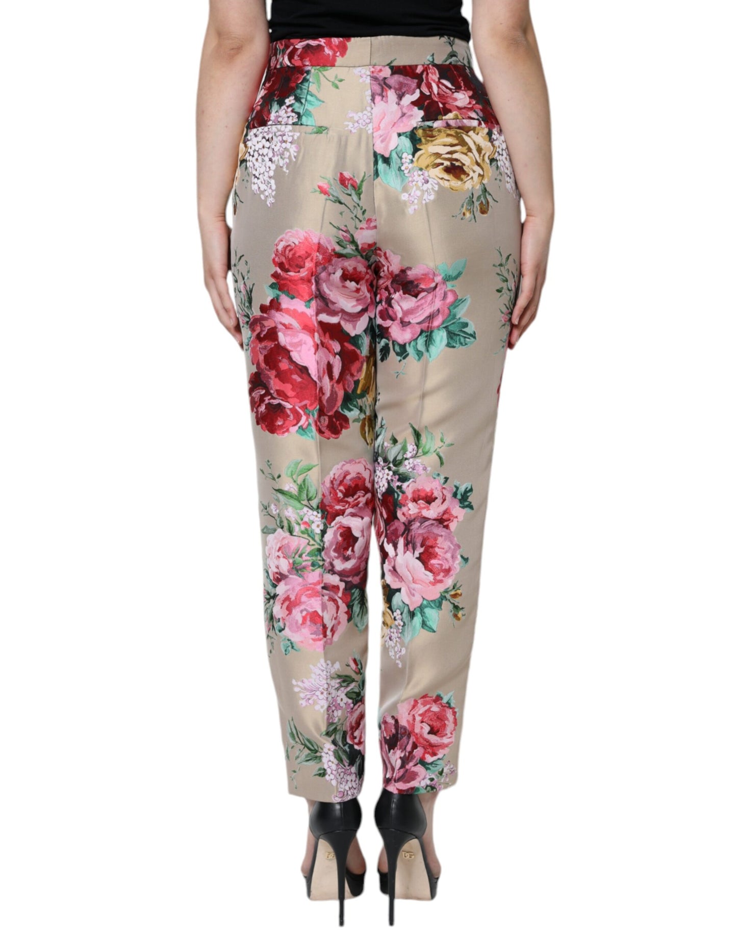 Pantalones cónicos de cintura alta con estampado floral en jacquard beige