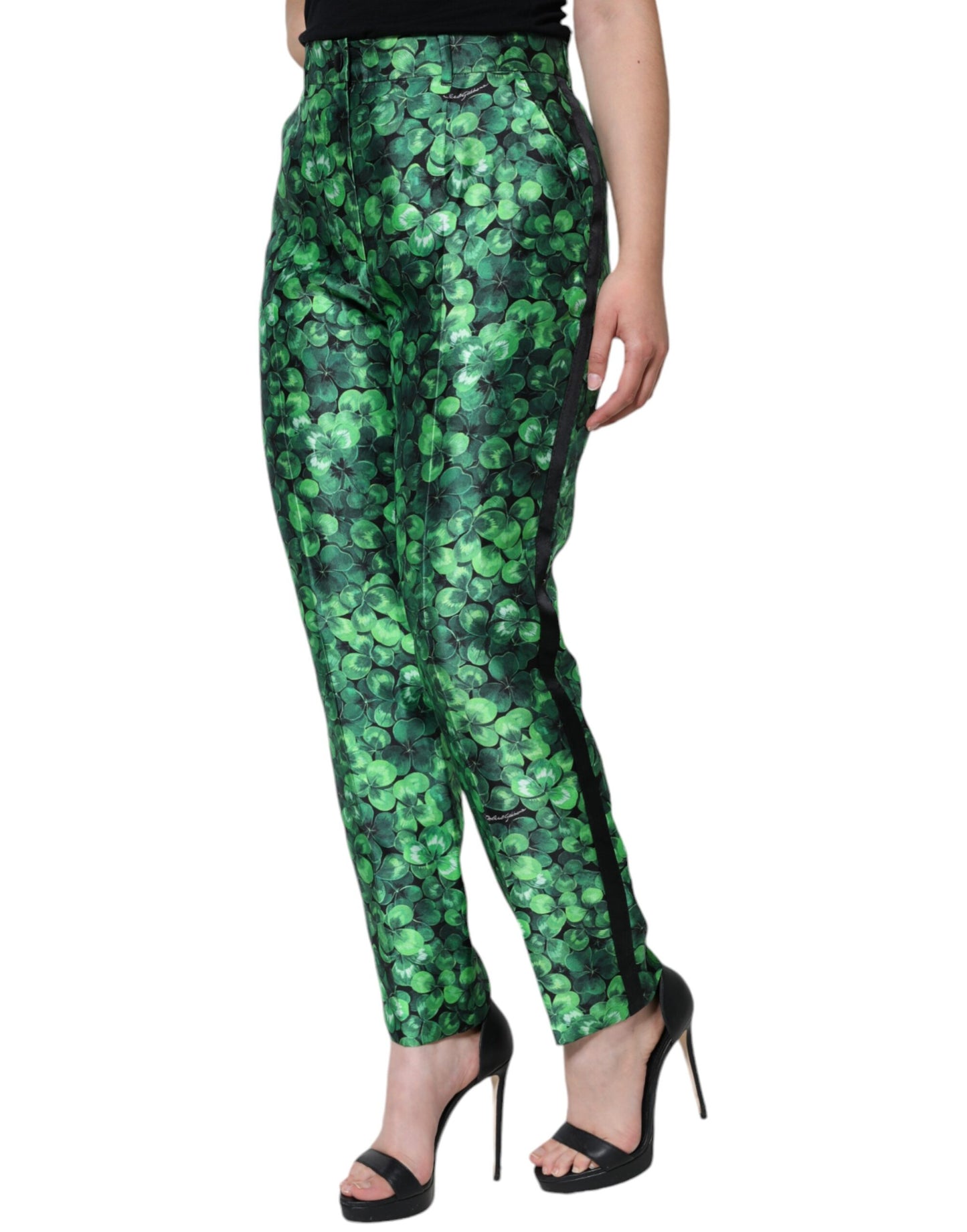 Pantalones cónicos de cintura alta de satén de seda de trébol verde