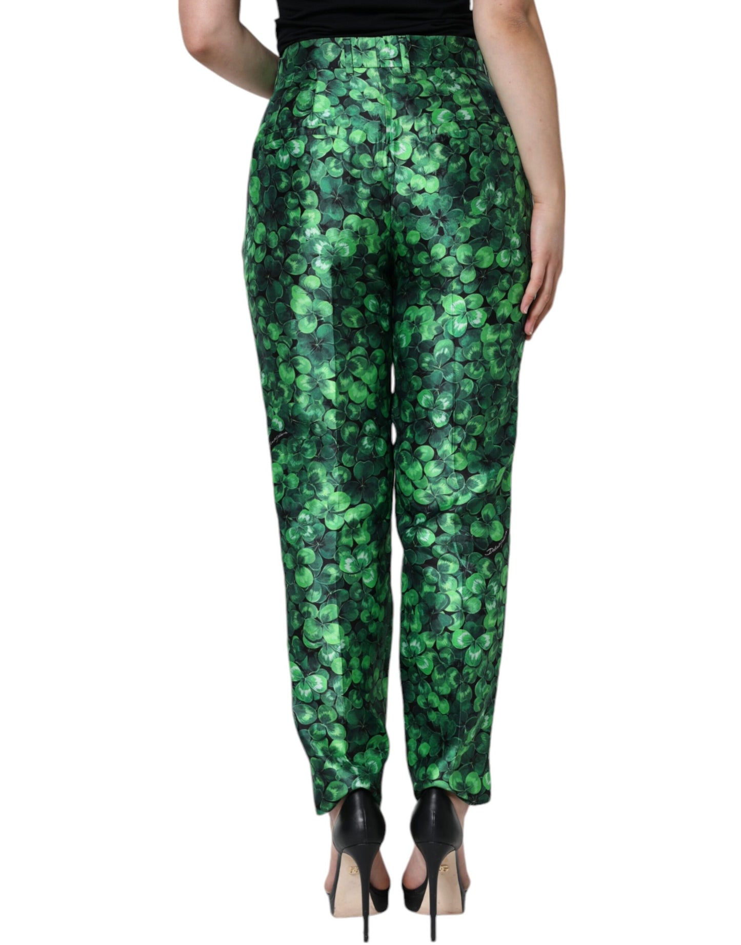 Pantalones cónicos de cintura alta de satén de seda de trébol verde