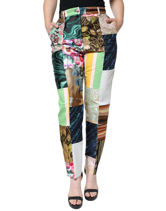 Pantalones de cintura alta con patchwork jacquard multicolor