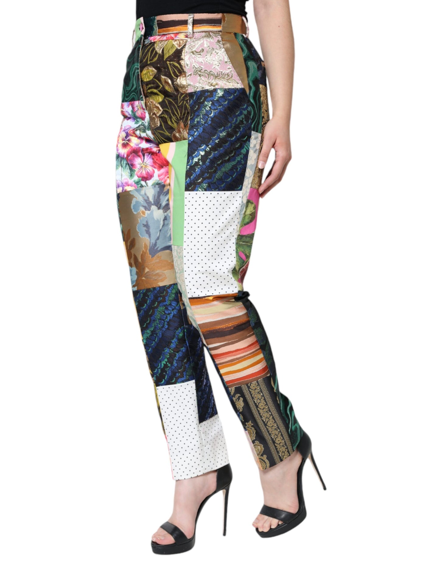 Pantalones de cintura alta con patchwork jacquard multicolor