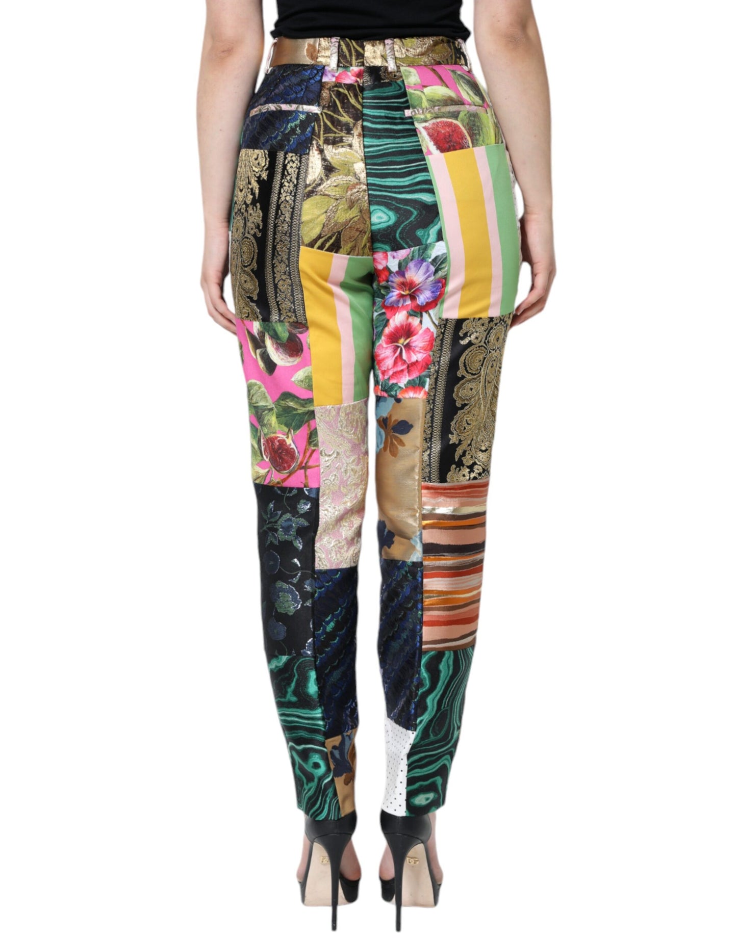 Pantalones de cintura alta con patchwork jacquard multicolor