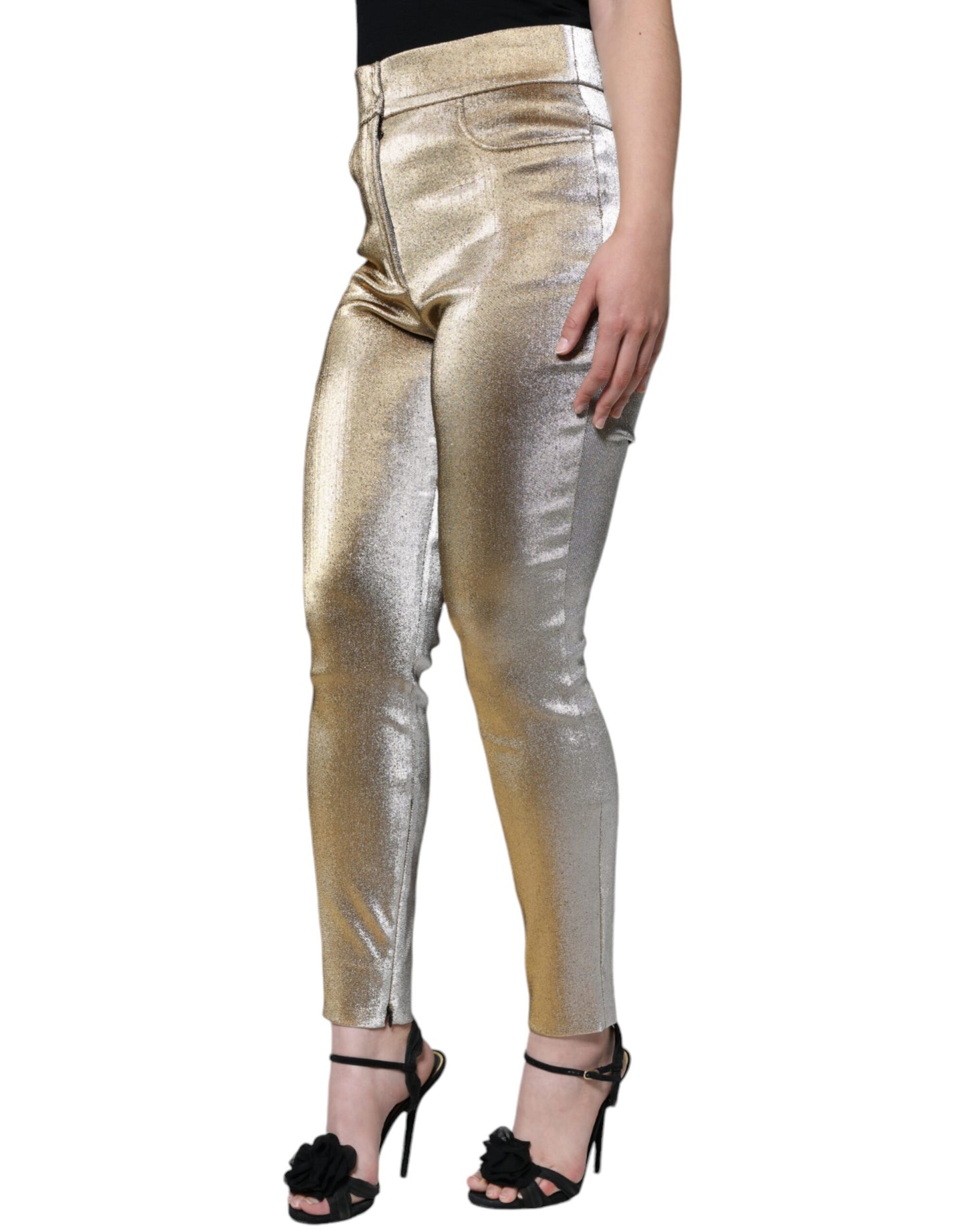 Pantalones ajustados de cintura alta con acabado dorado metalizado