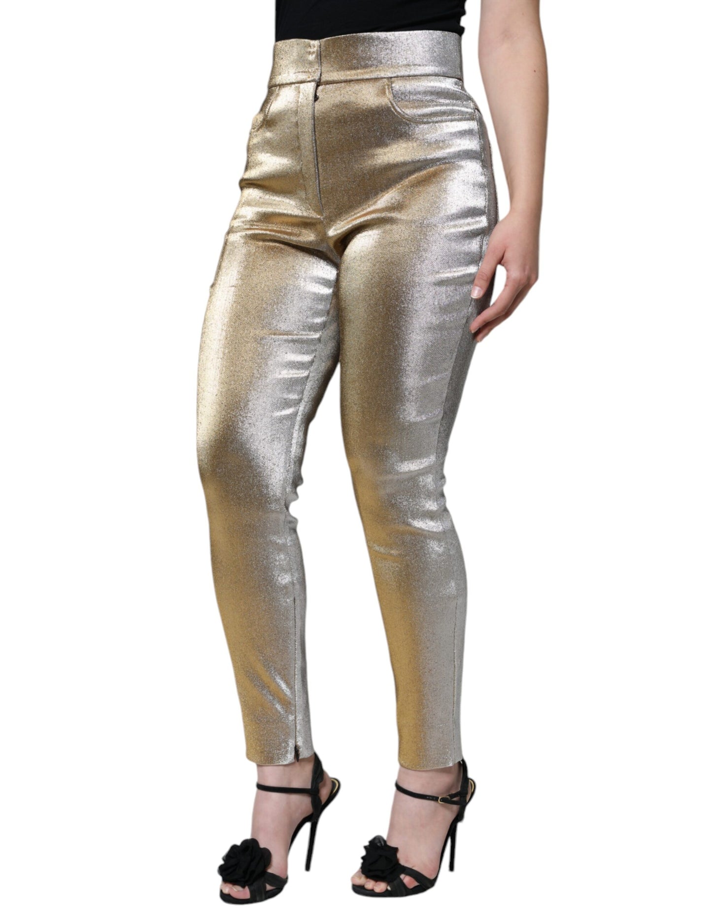 Pantalones ajustados de cintura alta con acabado dorado metalizado