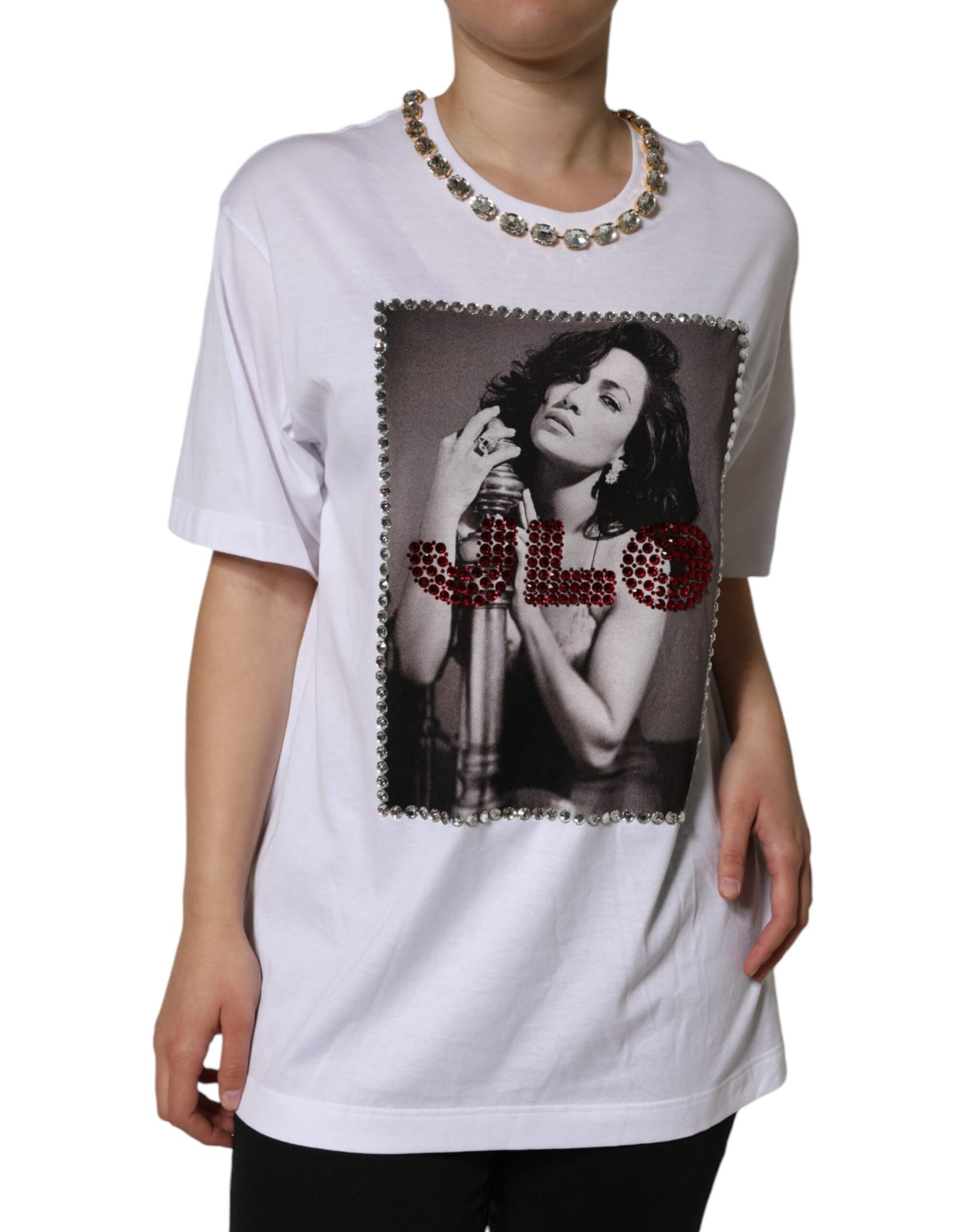Camiseta estampada con escote de cristal blanco