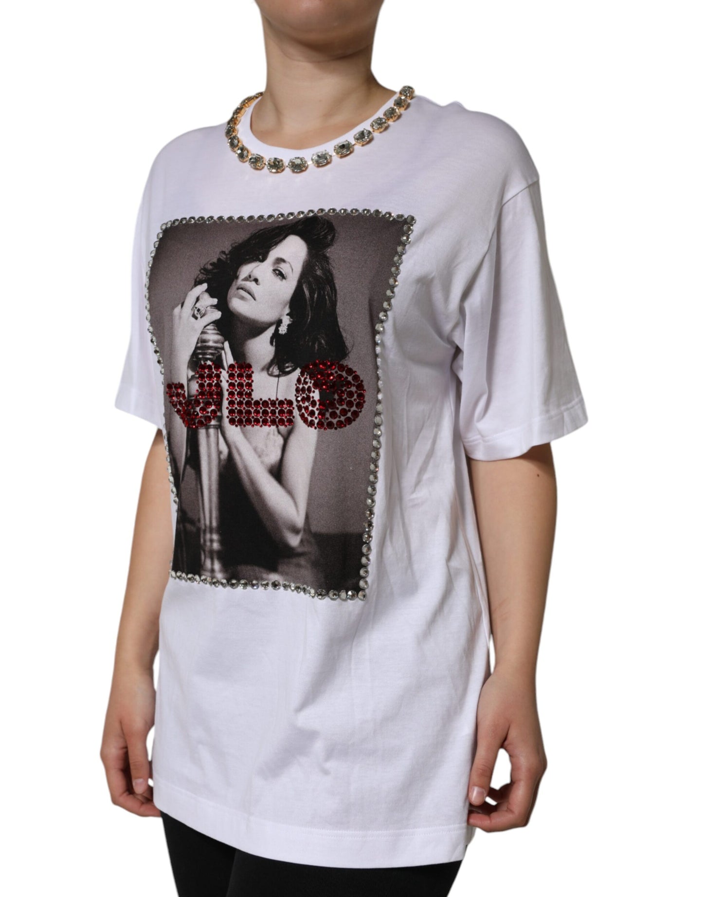 Camiseta estampada con escote de cristal blanco