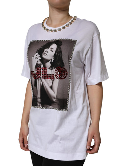 Camiseta estampada con escote de cristal blanco