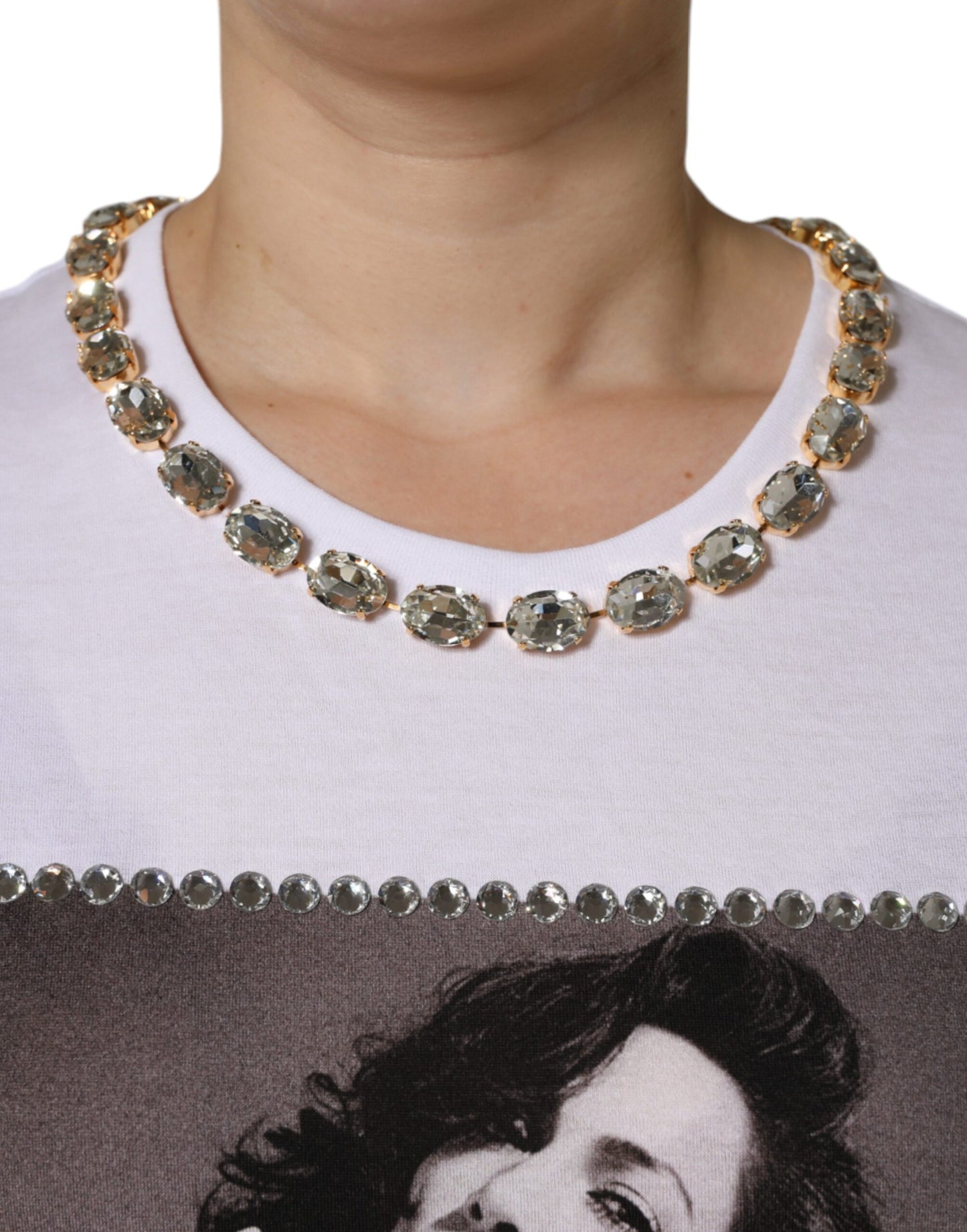 Camiseta estampada con escote de cristal blanco