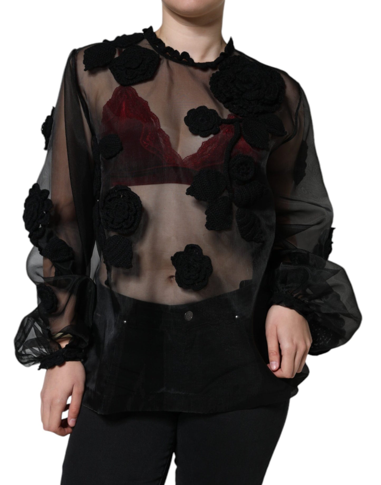 Blusa floral transparente de malla de nailon negra