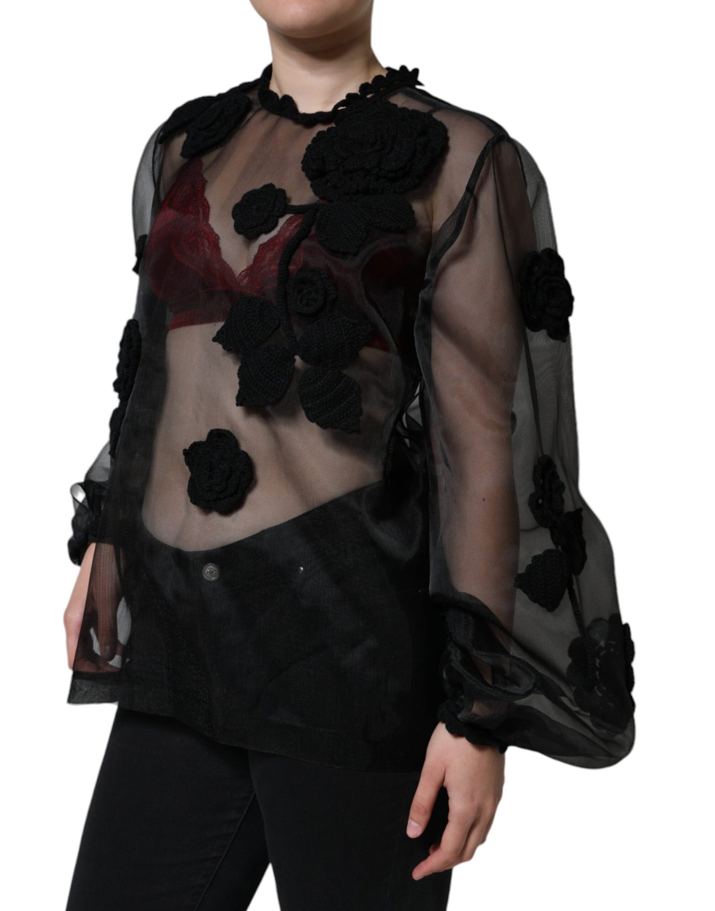 Blusa floral transparente de malla de nailon negra