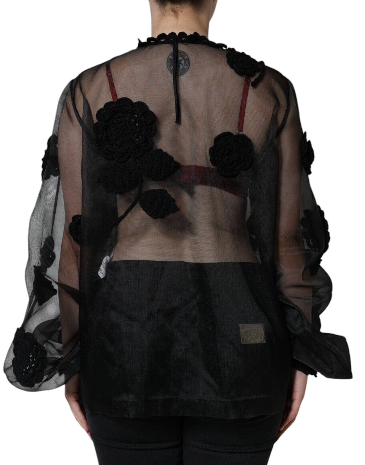 Blusa floral transparente de malla de nailon negra