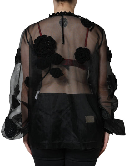 Blusa floral transparente de malla de nailon negra