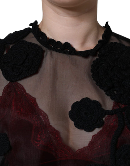 Blusa floral transparente de malla de nailon negra