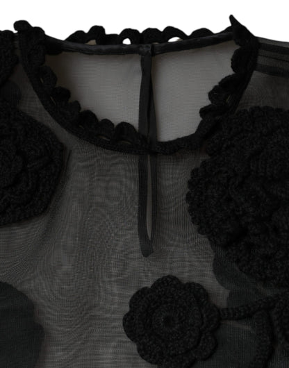 Blusa floral transparente de malla de nailon negra