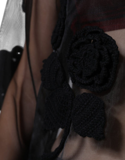 Blusa floral transparente de malla de nailon negra