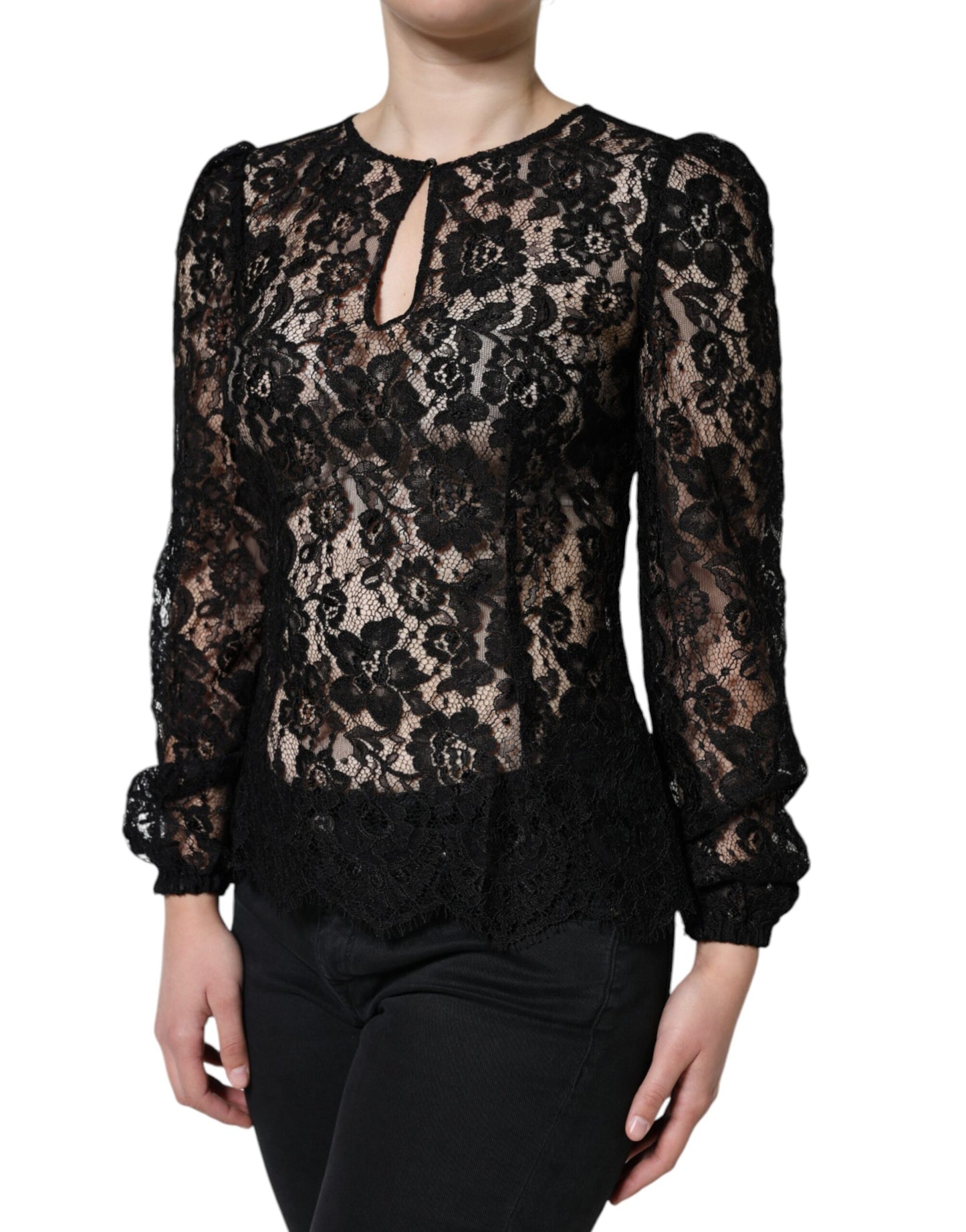 Top de manga larga transparente con encaje floral negro