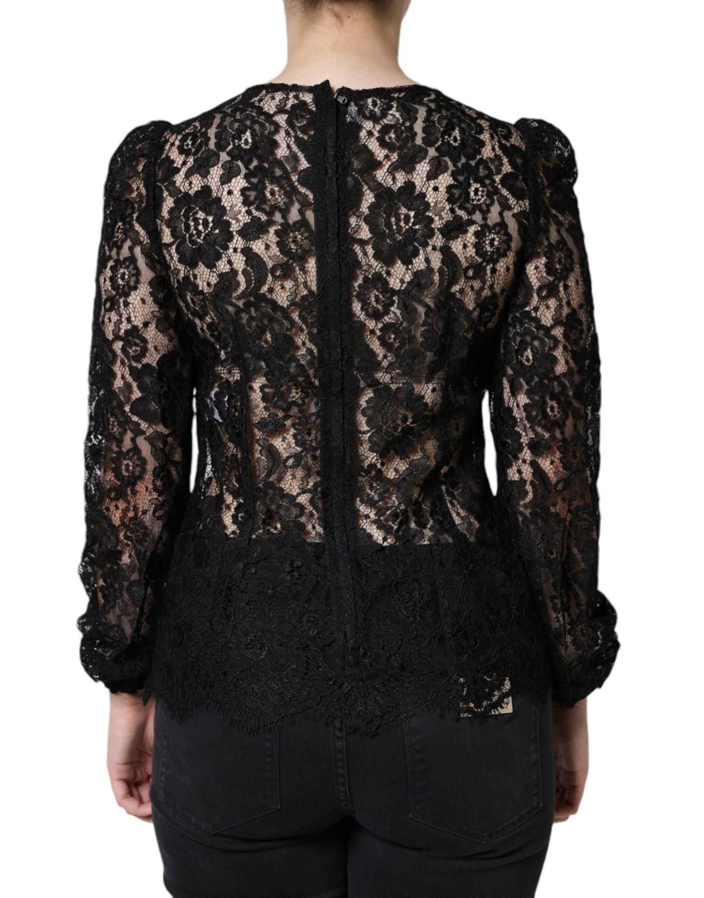 Top de manga larga transparente con encaje floral negro
