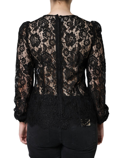 Top de manga larga transparente con encaje floral negro
