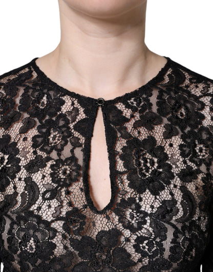 Top de manga larga transparente con encaje floral negro
