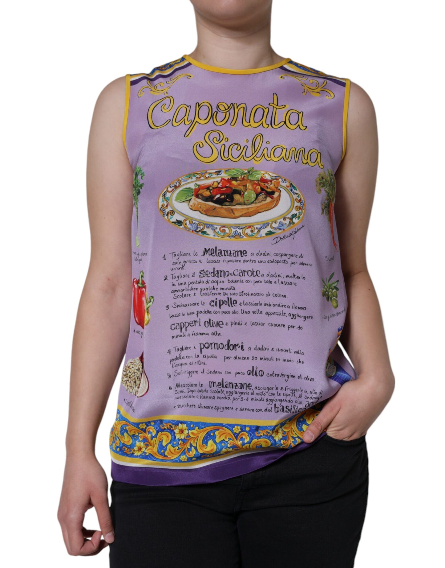 Camiseta sin mangas con estampado de caponata siciliana de seda morada