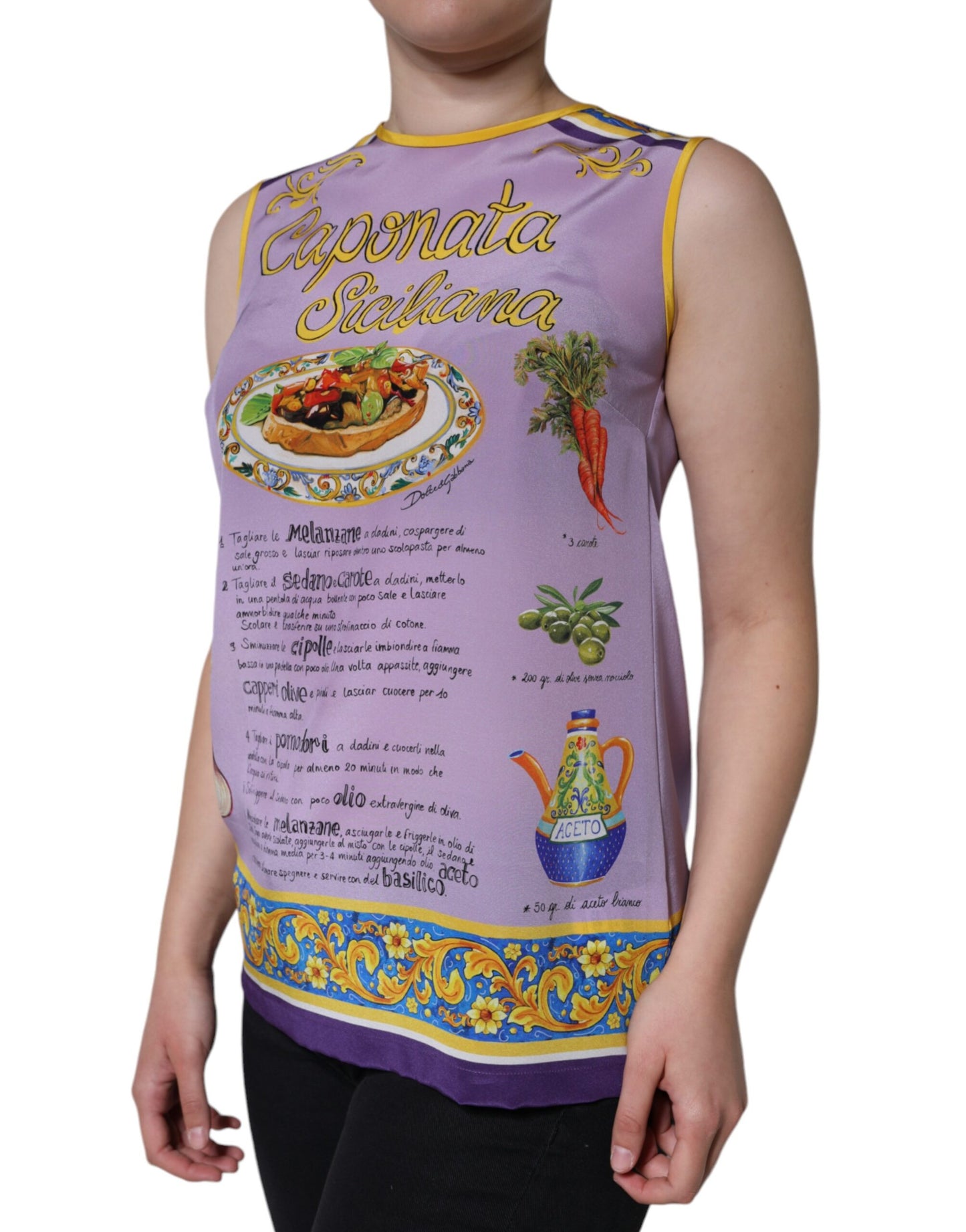 Camiseta sin mangas con estampado de caponata siciliana de seda morada